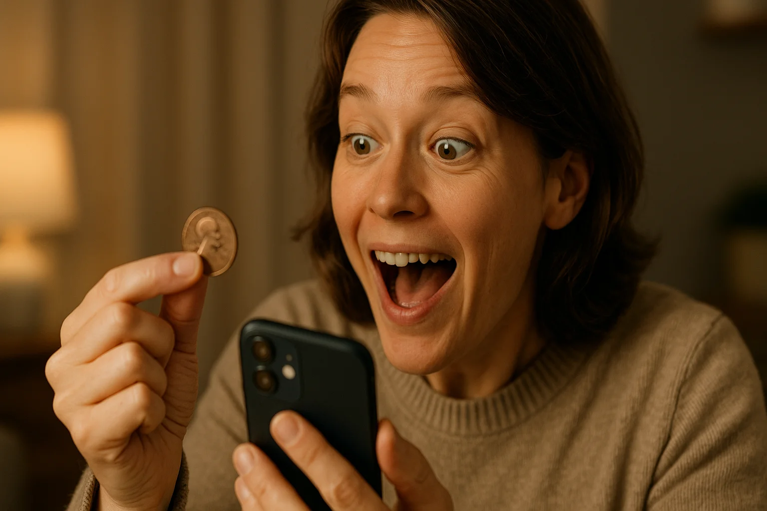 A woman reacts with surprise and joy as she realizes the coin in her hand might be valuable.