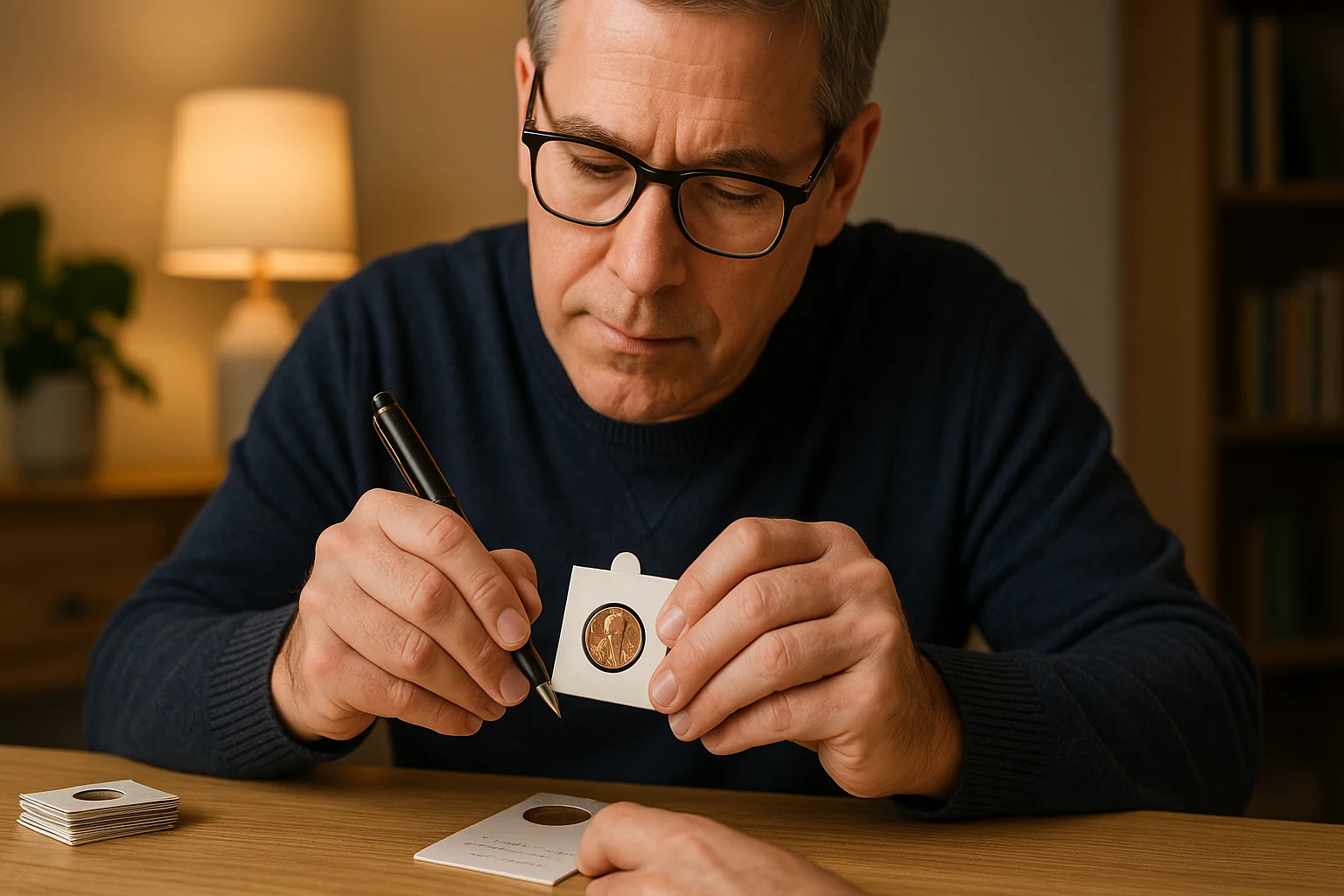 A middle-aged man inserts a coin into a cardboard holder and writes a label, preserving it with precision.