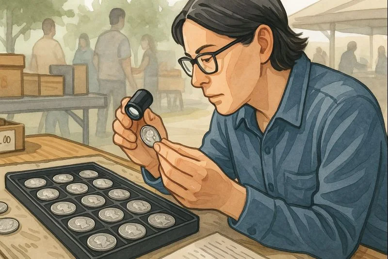 A collector studies coins from a roll with a small hand magnifier.