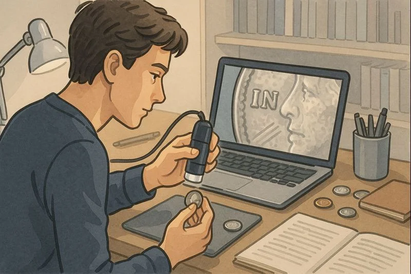 A hobbyist strongly magnifies a coin and observes it on the monitor.