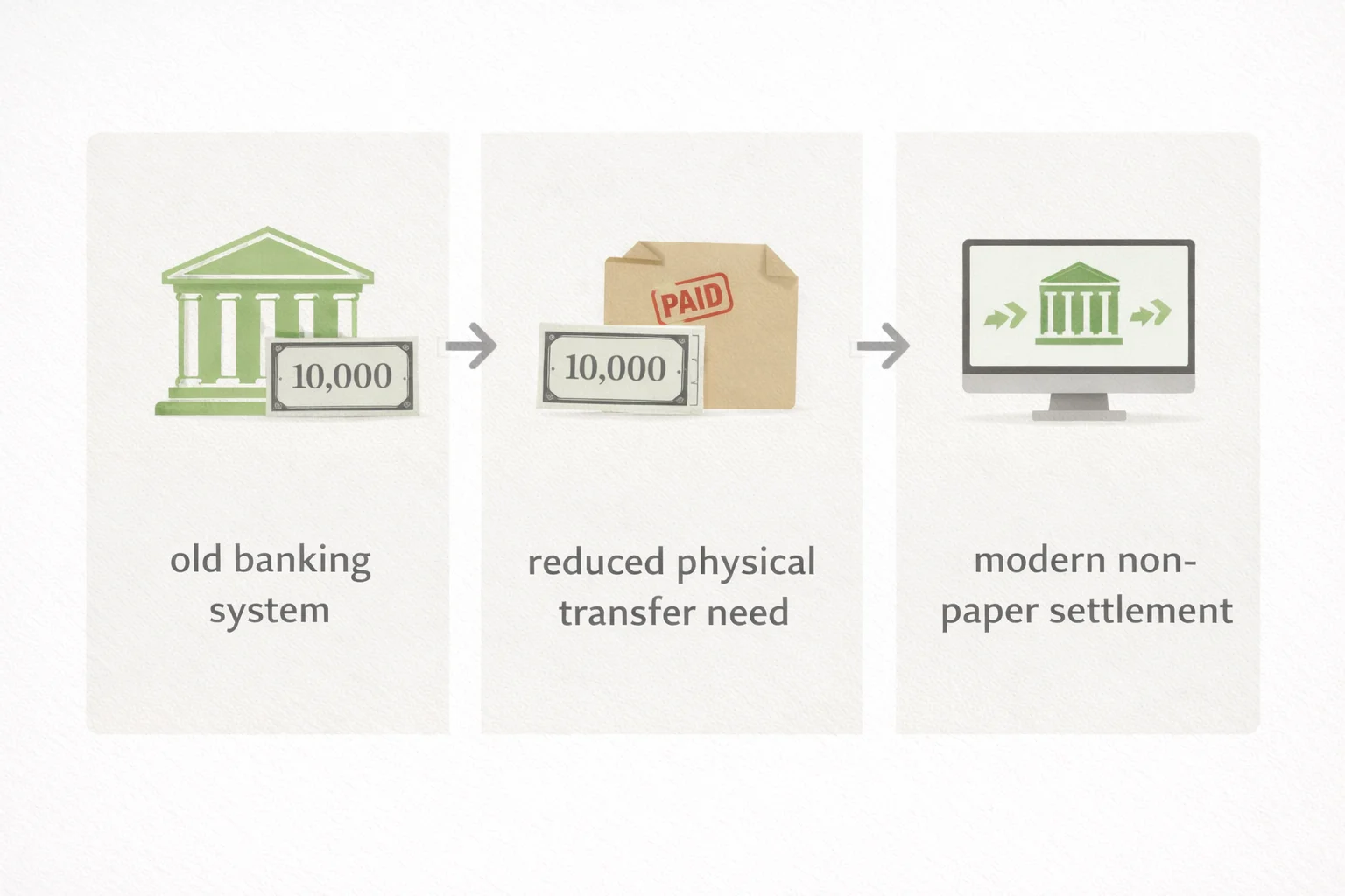 Infographic showing the shift from paper banking to modern electronic settlement.